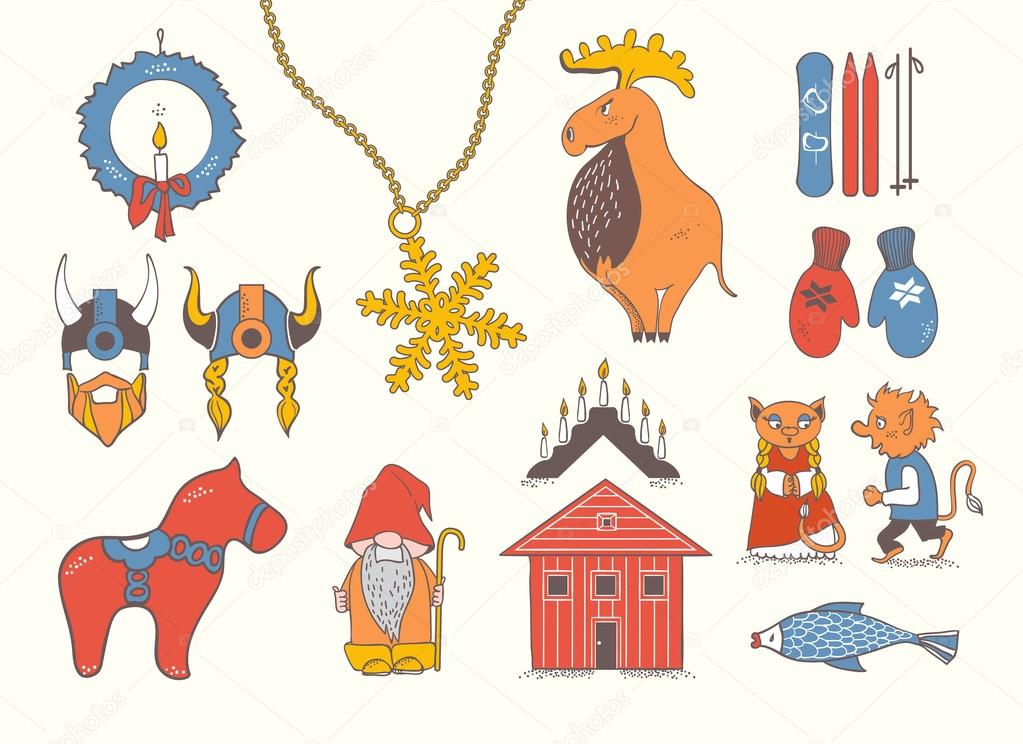 Set with design elements of symbols of Sweden, Denmark, Iceland 