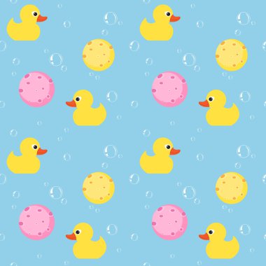 Sarı lastik ördek, sabun köpüğü ve mavi zemin üzerine sünger ile Seamless Modeli