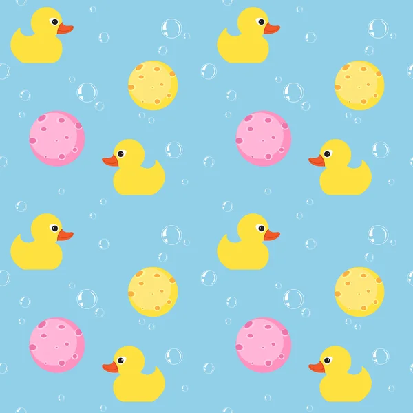 Seamless pattern with yellow rubber duck,soap bubble and sponge on blue background — Stock Vector