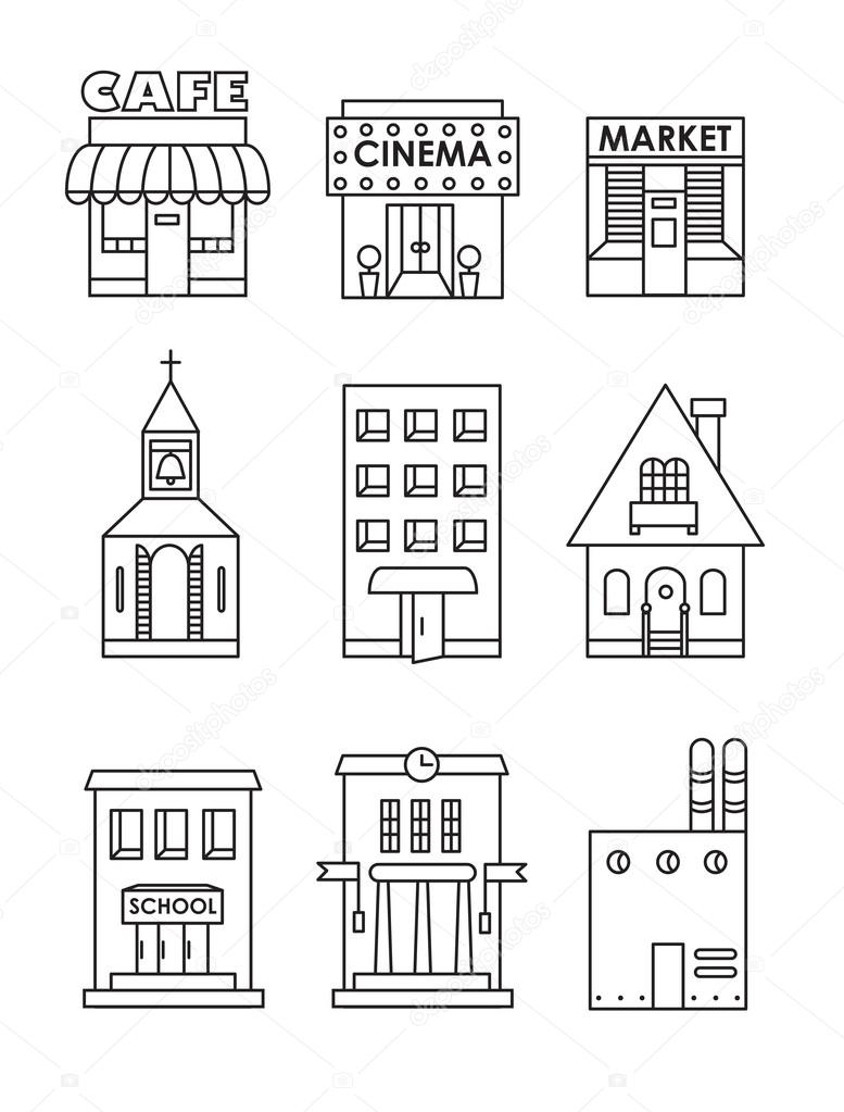 Set of vector flat black and white icons of buildings.Cafe, cinema, store, church, apartment house,cottage,school, Hall, factory