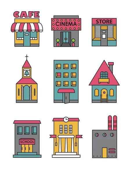 Conjunto de vectores planos en blanco y negro iconos de buildings.Café, cine, tienda, iglesia, casa de apartamentos, casa de campo, escuela, Hall, fábrica — Vector de stock