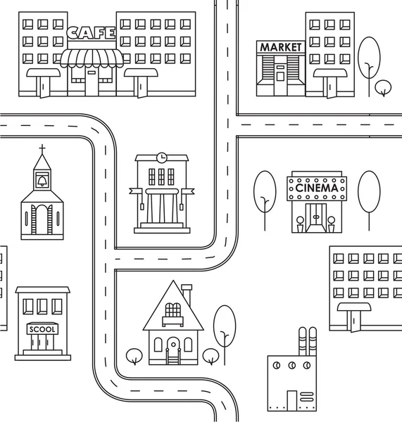 Patrón sin costuras con casas, caminos y árboles — Vector de stock