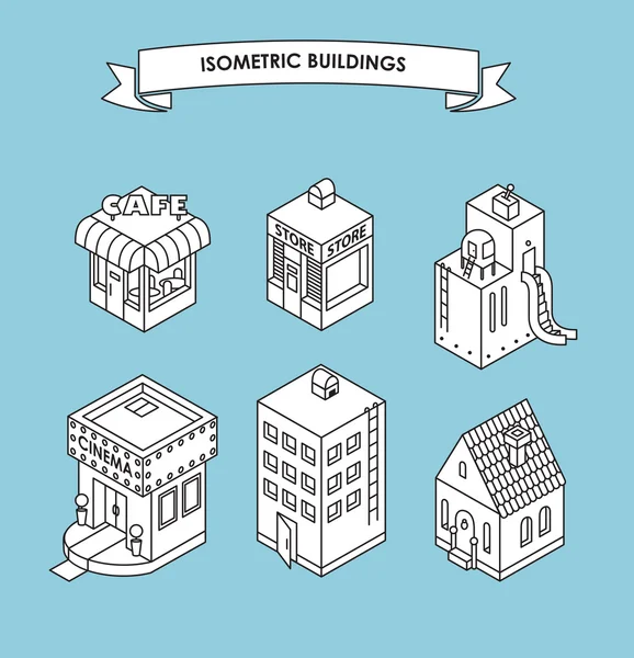 Set de Edificios Isométricos. Ilustración vectorial en blanco y negro — Vector de stock