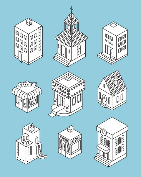 Ensemble de bâtiments isométriques. Illustration vectorielle noir et blanc — Image vectorielle