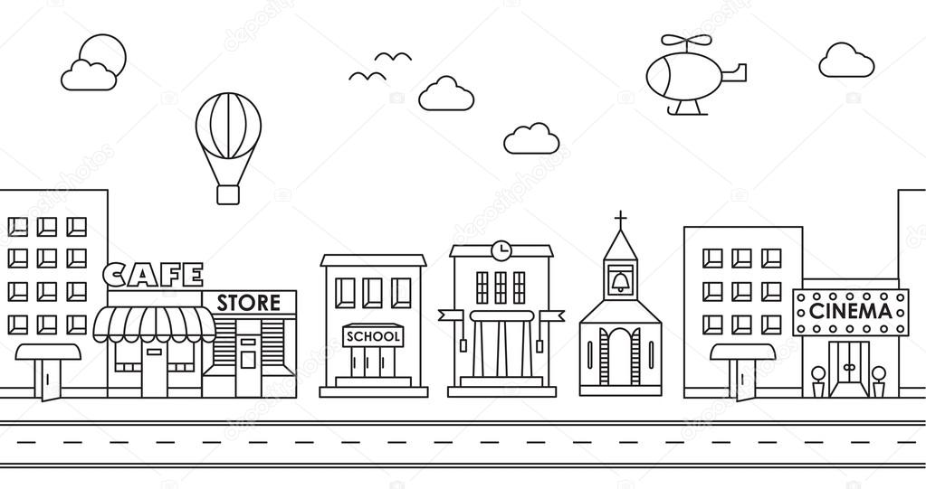 Seamless pattern of the buildings. Background for game. Cafe, ci