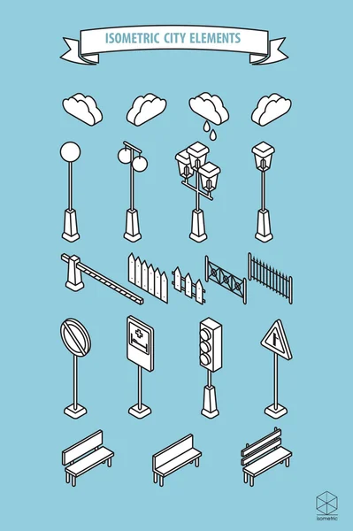 Ciudad isométrica y elementos exteriores. Calle elementos urbanos icono conjunto — Archivo Imágenes Vectoriales