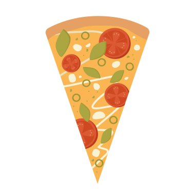 Pizza dilimi ikonu. Domatesli pizza, fesleğen ve mozzarella. Vektör illüstrasyonu beyaz arkaplanda izole edildi.