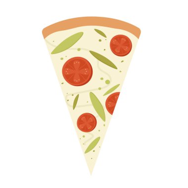 Pizza dilimi ikonu. Domatesli pizza, fesleğen ve mozzarella. Vektör illüstrasyonu beyaz arkaplanda izole edildi.