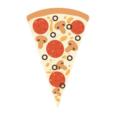 Pizza dilimi ikonu. Peynirli pizza, zeytin, salam ve mantar. Vektör illüstrasyonu beyaz arkaplanda izole edildi.