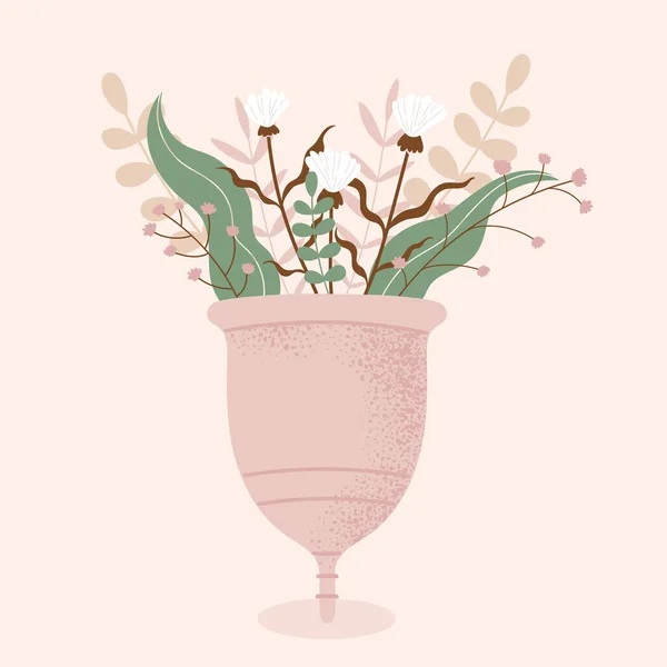 Coupe Menstruelle Rose Avec Fleurs Feuilles Dispositif Zéro Déchet Pour — Image vectorielle