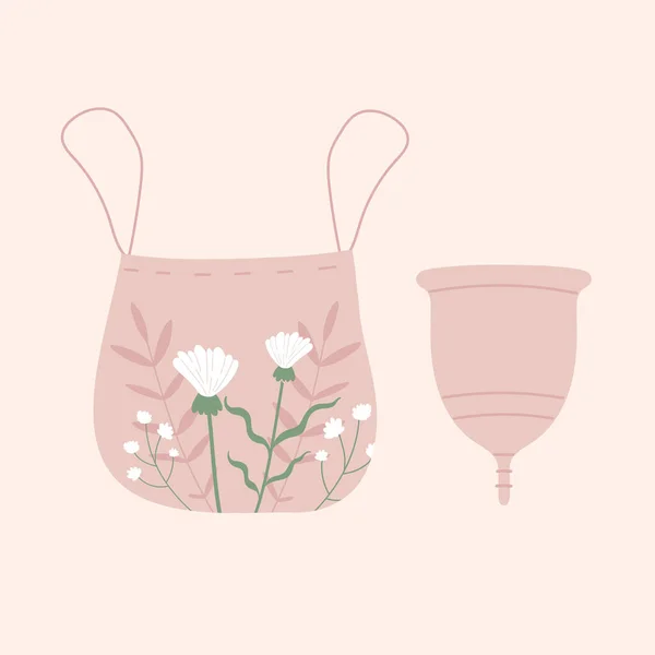 Copa Menstrual Rosa Con Bolsa Tela Dispositivo Cero Residuos Para — Archivo Imágenes Vectoriales