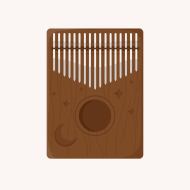 Kalimba. Mbira or thumb piano. African traditional musical instrument. African folk wooden mbira with carvings of the Moon and stars. Flat cartoon vector illustration. Isolated on white background.  clipart