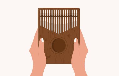 Eller Kalimba 'yı tutsun. Mbira ya da parmak arası piyano. Afrika geleneksel müzik aleti. Ay ve yıldız oymalı ahşap mbira. Düz çizgi film vektör çizimi. Beyaz arkaplanda izole. 