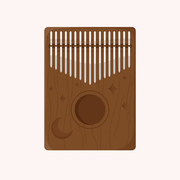 Kalimba. Mbira ya da parmak arası piyano. Afrika geleneksel müzik aleti. Ay ve yıldız oymalarıyla Afrika ahşap mbirası. Düz çizgi film vektör çizimi. Beyaz arkaplanda izole. 