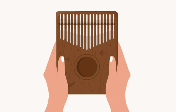 Mãos Seguram Kalimba Mbira Piano Polegar Instrumento Musical Tradicional Africano — Vetor de Stock