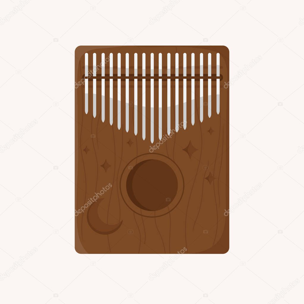 Kalimba. Mbira or thumb piano. African traditional musical instrument. African folk wooden mbira with carvings of the Moon and stars. Flat cartoon vector illustration. Isolated on white background. 