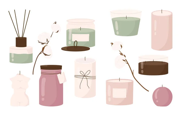 Colección Varias Velas Moda Diferentes Tamaños Formas Con Ramas Algodón — Vector de stock