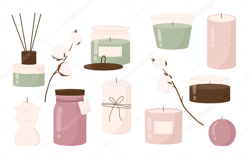 Collection of various trendy candles. Different sizes and shapes with branches of cotton. Decorative wax candles for aromatherapy and relax. Cartoon vector illustration. Isolated on white background