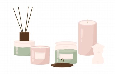 Çeşitli mumların koleksiyonu. Farklı boylarda ve şekillerde moda mumları. Aromaterapi, spa ve rahatlama için dekoratif mumlar. Düz çizgi film vektör çizimi. Beyaz arkaplanda izole. 