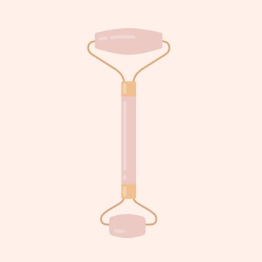 Yüz masajında son moda gül kuvars kristal rulosu. Gua Sha cilt bakımı konsepti. Düz çizgi film vektör çizimi. Beyaz arkaplanda izole. 