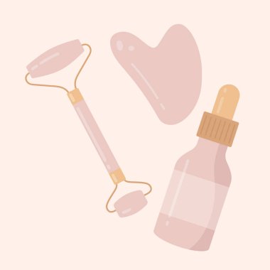 Moda Gua sha kazıyıcı, doğal gül kuvars kristal rulo yüz masajı ve yüz yağı. Gua Sha cilt bakımı konsepti. Düz çizgi film vektör çizimi. Beyaz arkaplanda izole. 