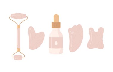 Çeşitli trend gua sha kazıyıcı, doğal gül kuvars kristal rulo yüz masajcısı ve yüz yağı. Gua Sha cilt bakımı konsepti. Düz çizgi film vektör çizimi. Beyaz arkaplanda izole. 