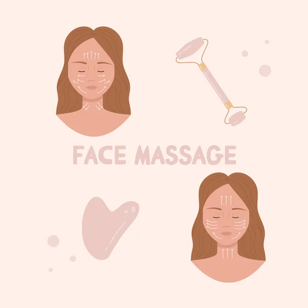 Kuvars yüzlü bir kadın ve gua sha kazıyıcısı. SPA için cilt bakım ürünleri, güzellik konsepti. Düz çizgi film vektör çizimi. Beyaz arkaplanda izole. 