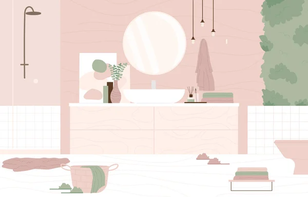 Moderno Banheiro Rosa Claro Design Interiores Com Móveis Acessórios Higiene — Vetor de Stock