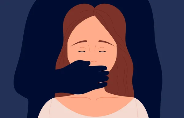 一个男人的手放在嘴上的女人家庭暴力 男人打他的妻子 害怕家庭虐待的妇女概念 平面卡通矢量插图 — 图库矢量图片