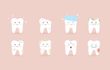 Farklı duyguları olan sevimli kawaii dişleri. Diş Kişiliği Vektör İllüstrasyonu. Pembe arka planda izole edilmiş.