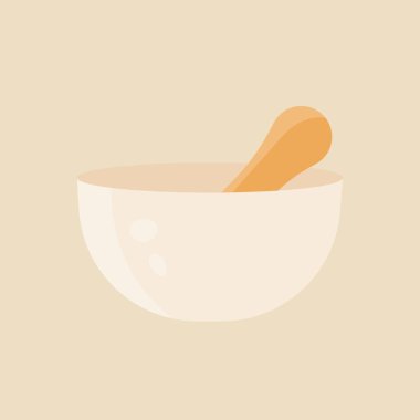 Seramik havan ve tokmak ikonu. Çizgi film tarzında vektör illüstrasyonu. Sarı arkaplanda izole edilmiş.