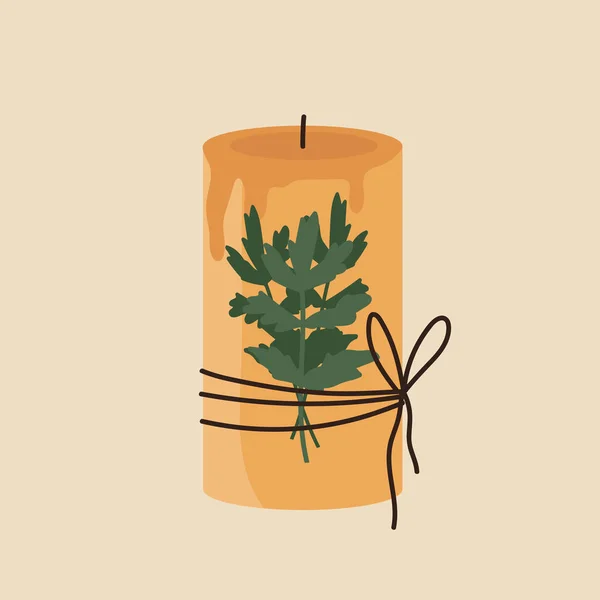 Sárga Gyertya Gyógynövényekkel Díszítve Dekoratív Viaszgyertya Aromaterápiához Gyógyfürdőhöz Pihenéshez Vektor — Stock Vector