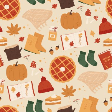Autumn seamless pattern. Cozy autumn vibes. Autumn trendy elements. Harvest festival and thanksgiving day concept. Vector illustration in cartoon style. Isolated on white background.