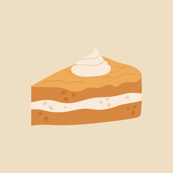 Slice of pumpkin pie icon. Cozy autumn food. Traditional thanksgiving meal concept. Vector illustration in cartoon style. Isolated on white background.