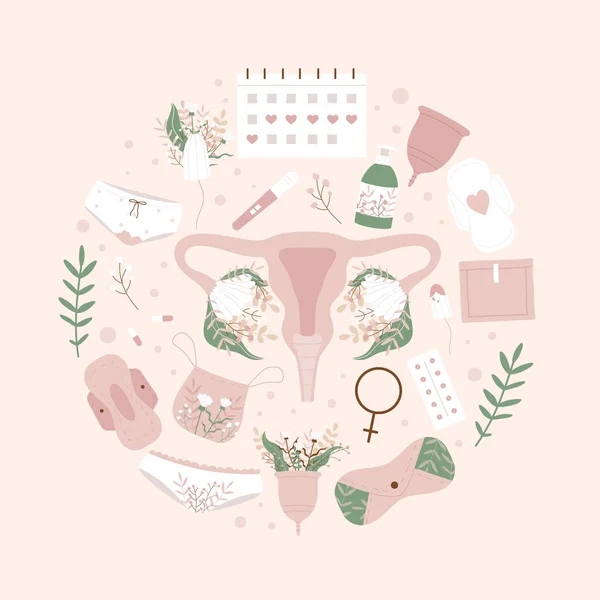Menstruációs Időszak Beállítva Különböző Női Higiéniai Termékek Beleértve Nulla Hulladék — Stock Vector