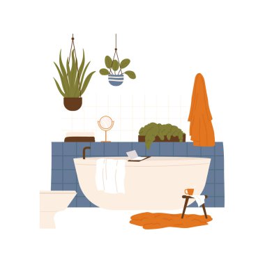 Modern banyo içi. Küveti, aynası, bitkisi ve banyo aksesuarları olan rahat bir banyo. Düz çizgi film vektör çizimi. Beyaz arkaplanda izole. 