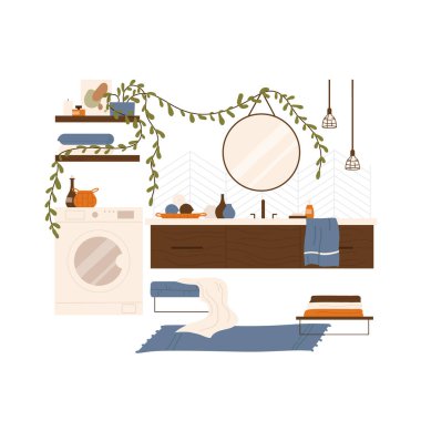 Modern banyo içi. Lavabosu, aynası, rafları ve çamaşır makinesi olan rahat bir banyo. Düz çizgi film vektör çizimi. Beyaz arkaplanda izole. 