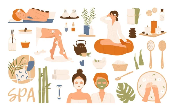 Beauty Spa Icon Set Kurgäste Und Medizinisches Naturtherapiekonzept Vektorillustration Cartoon — Stockvektor