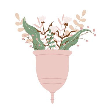 Çiçekli ve yapraklı pembe aybaşı bardağı. Kritik günlerde kadınlar için sıfır atık aleti. Çevre dostu, plastik içermeyen konsept. Düz çizgi film vektör çizimi. Beyaz arkaplanda izole. 