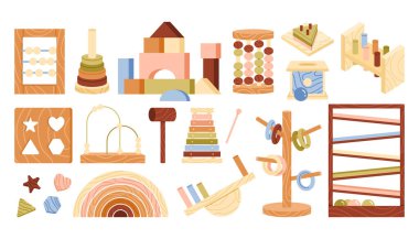 Çocuklar için ahşap eğitici oyuncaklar. Motor beceriler için bebek oyuncakları ve erken öğrenim gelişimi. Sıralayıcı, abaküs. Çizgi film tarzında vektör çizimi. İzole edilmiş arkaplan