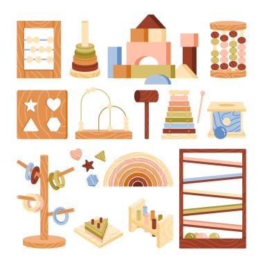 Çocuklar için ahşap eğitici oyuncaklar. Motor beceriler için bebek oyuncakları ve erken öğrenim gelişimi. Sıralayıcı, abaküs. Çizgi film tarzında vektör çizimi. İzole edilmiş arkaplan