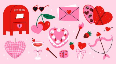 Romantik aşk öğeleriyle hazırlanmış şirin sevgililer günü. İçinde kalp şeklinde pasta, kiraz, aşk mektubu zarfları var. Sevgililer Günü tasarımları, planlamacılar, kartlar, çıkartmalar için mükemmel. Düz vektör çizimi. Pembe arka planda izole edilmiş