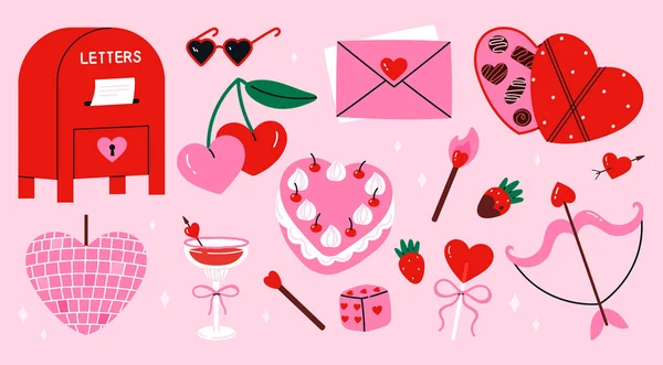 Romantik aşk öğeleriyle hazırlanmış şirin sevgililer günü. İçinde kalp şeklinde pasta, kiraz, aşk mektubu zarfları var. Sevgililer Günü tasarımları, planlamacılar, kartlar, çıkartmalar için mükemmel. Düz vektör çizimi. Pembe arka planda izole edilmiş