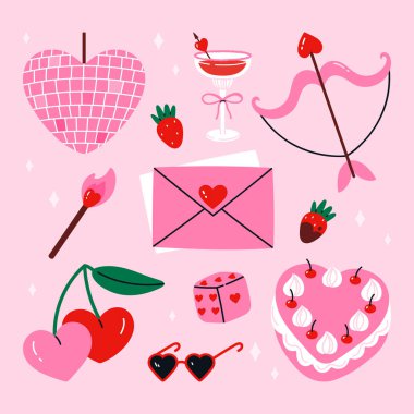 Romantik aşk öğeleriyle hazırlanmış şirin sevgililer günü. İçinde kalp şeklinde pasta, kiraz, aşk mektubu zarfları var. Sevgililer Günü tasarımları, planlamacılar, çıkartmalar için mükemmel. Düz vektör illüstrasyonu