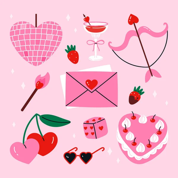 Romantik aşk öğeleriyle hazırlanmış şirin sevgililer günü. İçinde kalp şeklinde pasta, kiraz, aşk mektubu zarfları var. Sevgililer Günü tasarımları, planlamacılar, çıkartmalar için mükemmel. Düz vektör illüstrasyonu
