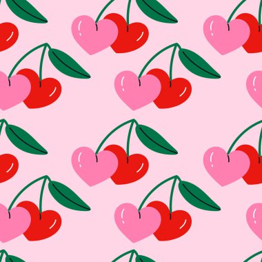 Yapraklı, kalp şeklinde kirazların kusursuz deseni. Kirazlı çiftler. Sevgililer Günü tasarımları ve ambalaj kağıtları için mükemmel. Düz vektör çizimi. Pembe arkaplandaki izole nesne