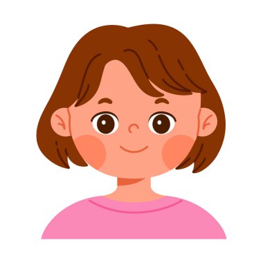 Gülümseyen sevimli mutlu kız karakteri. Yüz ifadesi konsepti. Olumlu duyguları olan arkadaş canlısı çocuk avatarı. Çizgi film tarzında izole vektör illüstrasyonu