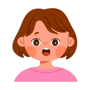 Şaşkın kız karakteri geniş gözlü ve ağzı var. Duygusal yüz ifadesi konsepti. Şok olmuş Hild Avatar. Çizgi film tarzında izole vektör illüstrasyonu