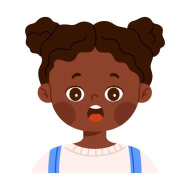 Tatlı, ağzı açık, siyahi bir kız karakteri. Şok olmuş yüz ifadesi. Duygusal tepkisi olan arkadaş canlısı çocuk avatarı. Çizgi film tarzında izole vektör illüstrasyonu