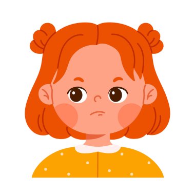 Belirsizlik, tereddüt ya da düşünme havasında olan kızıl saçlı bir kız. Duygusal yüz ifadesi konsepti. Olumlu duyguları olan Hild Avatar. Çizgi film tarzında izole vektör illüstrasyonu